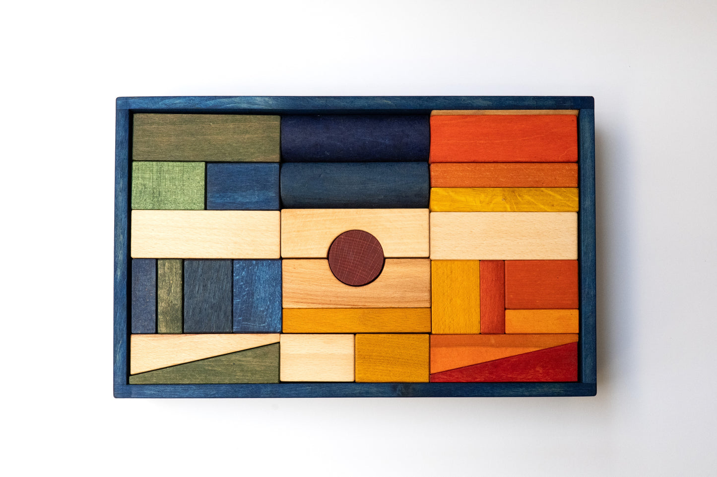 drewniane klocki w niebieskiej skrzynce XL - 63 szt