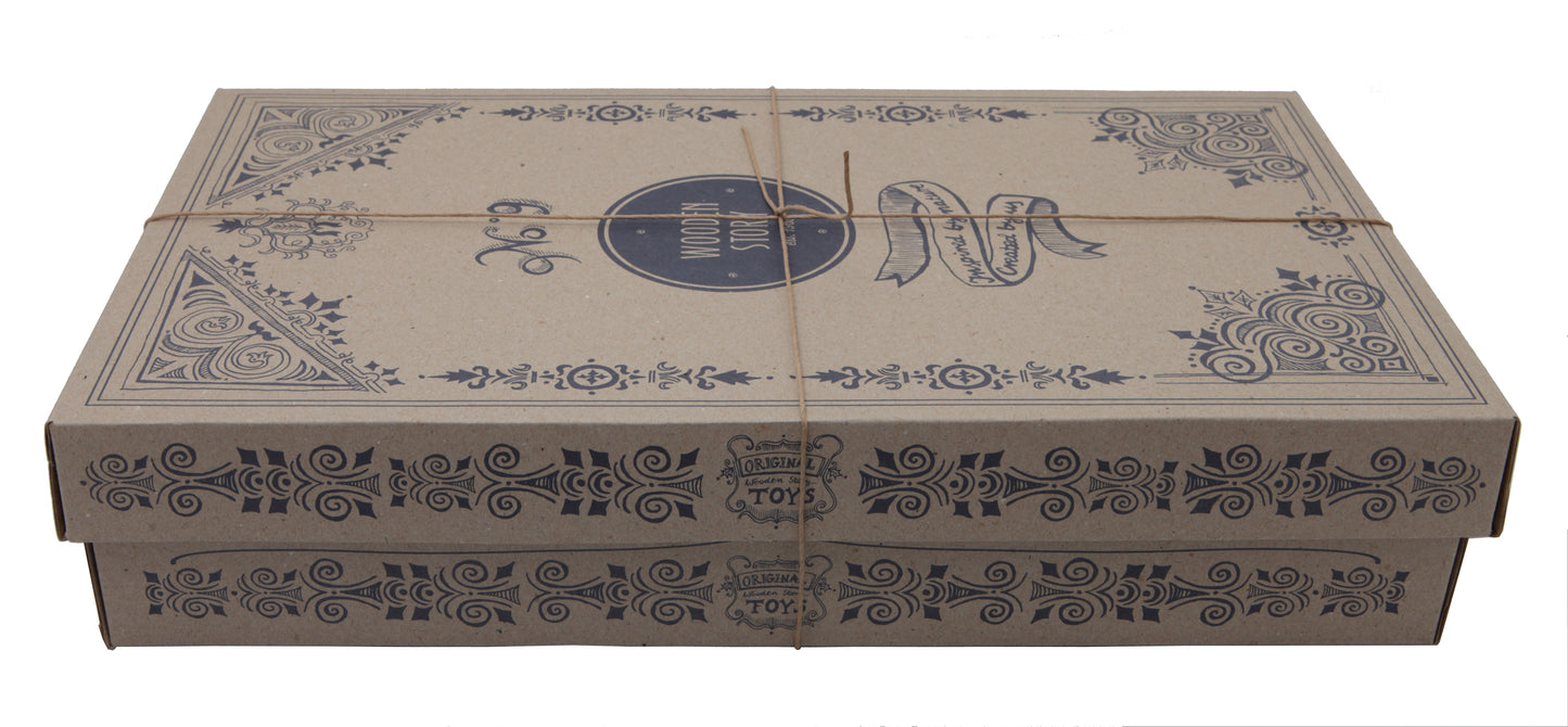 drewniane klocki w niebieskiej skrzynce XL - 63 szt