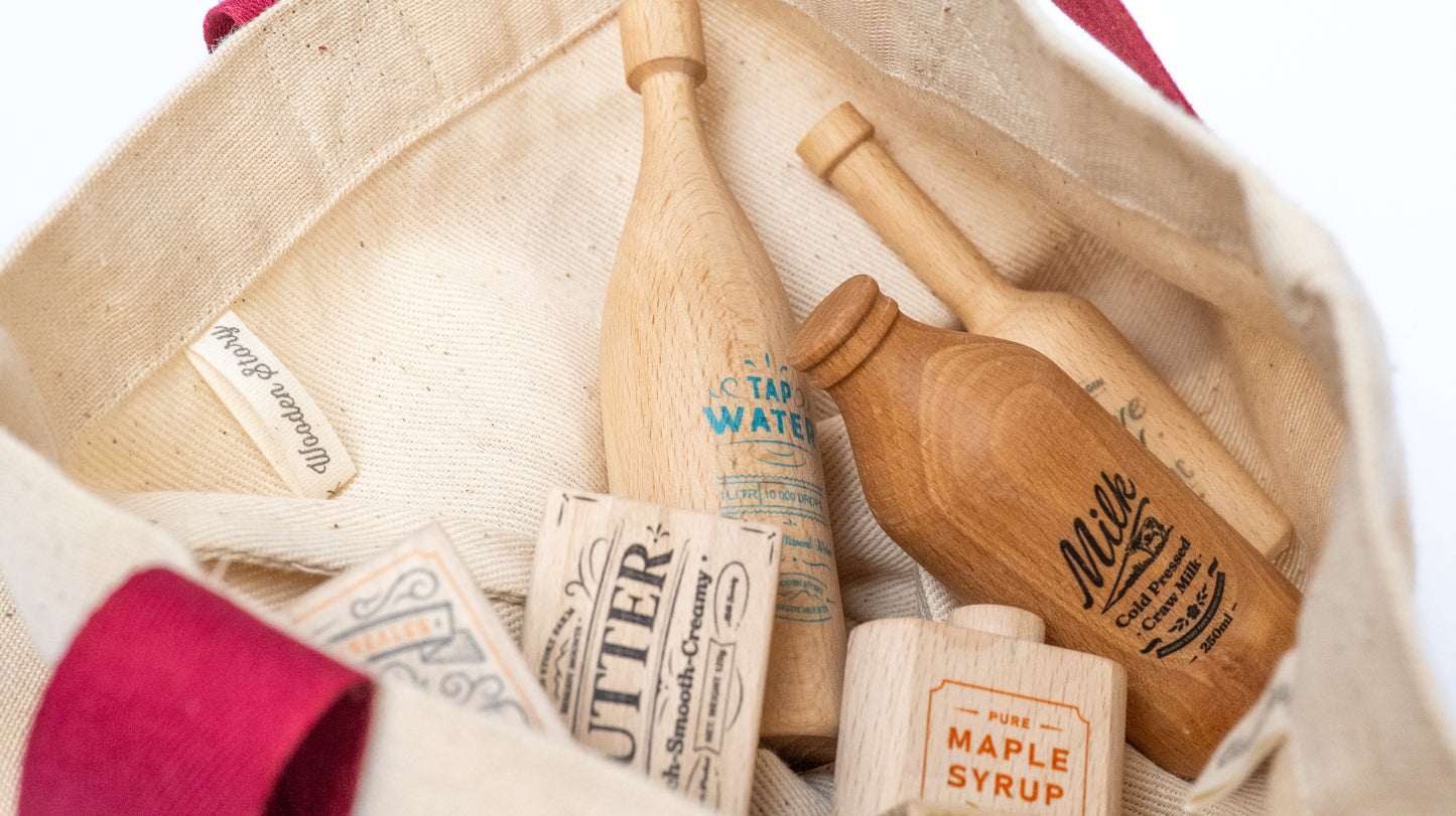 zestaw montessori market z torbą na zakupy